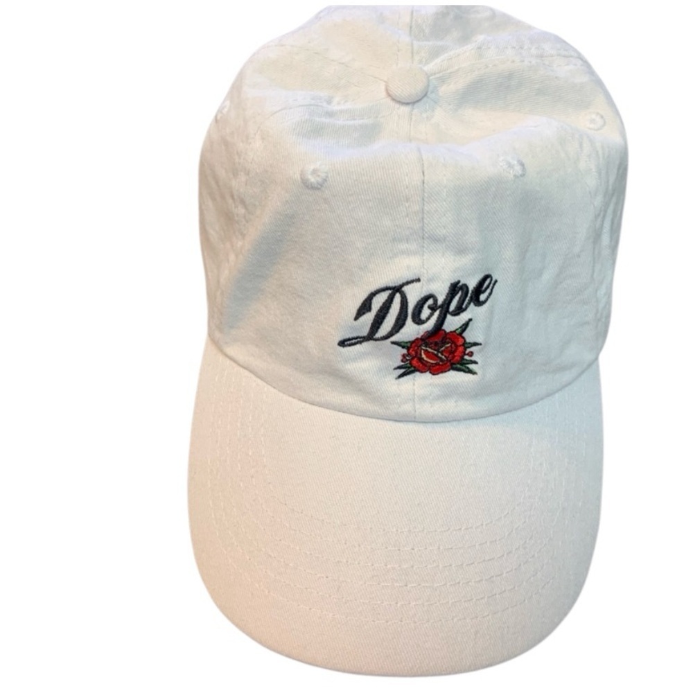 White Cap with Embroidered Rose and 'Dope' dad cap
